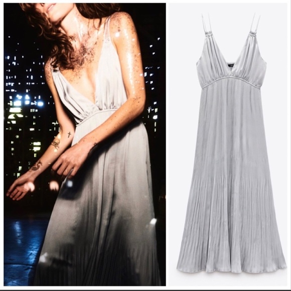 NWT ZARA AW21 SILVER PLEATED
SLIP DRESS - Picture 4 of 12